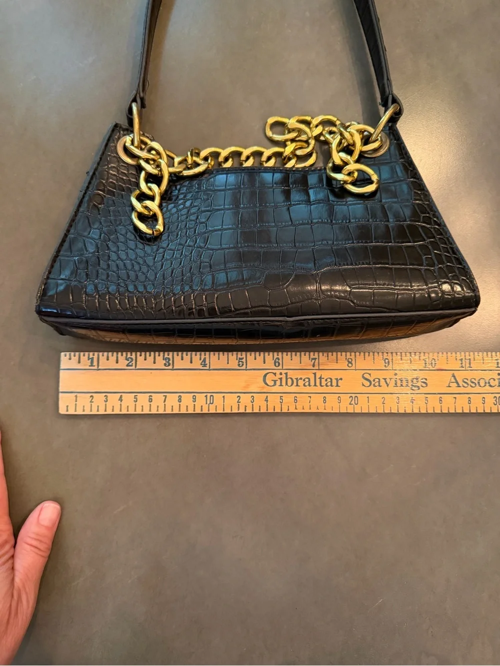 Black Croc-Embossed Shoulder Bag with Gold Chain